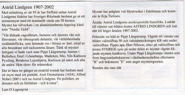Schweden 2002 50 Kronor / Kronen Astrid Lindgren " Pippi Langstrumpf