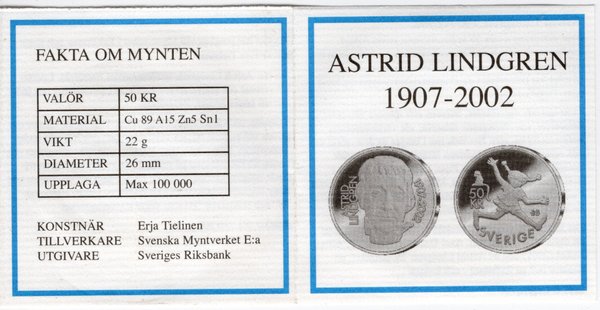 Schweden 2002 50 Kronor / Kronen Astrid Lindgren " Pippi Langstrumpf