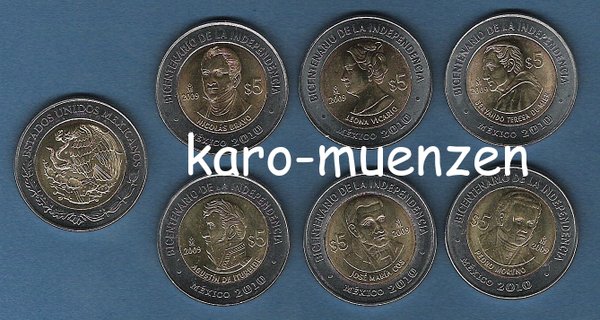 Mexiko 2009 6 x5 Pesos Unabhängigkeit Bimetall "Wieder lieferbar!"