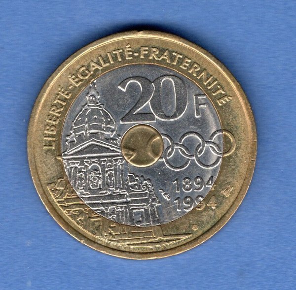 Frankreich 1994 20 Francs 100. Jahrestag des Internationalen Olympischen Komitees - Trimetall -